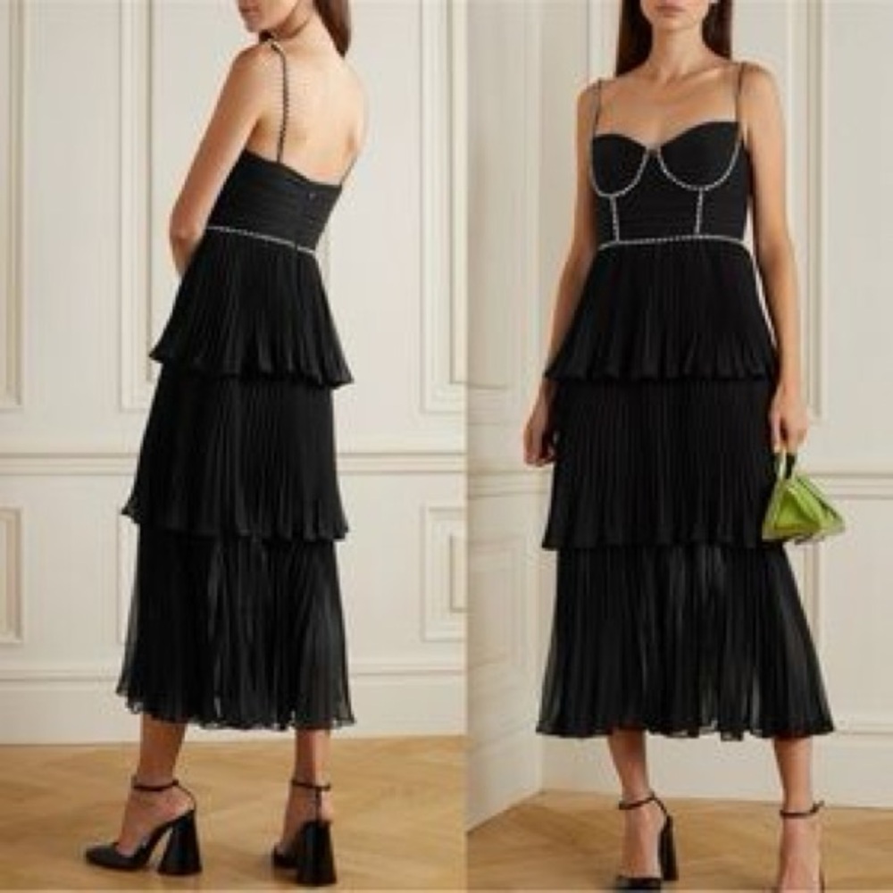 Self-Portrait black pleated diamante crystal bustier tiered midi chiffon dress 6 - Picture 2 of 14